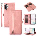 Asuwish Phone Case for Samsung Galaxy Note 10 Plus Note10+ 5G Wallet Cover With Tempered Glass Screen Protector and Flip Zipper Card Holder Cell Note10 + Notes 10+ Ten Not S10 10Plus Women Men Pink