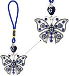 LUCKBOOSTIUM Evil Eyes Inlaid in Ornate Silver Butterfly in Blue Cord w/Crystal & Evil Eye Bead Sign of Life and Protection Home Purse & Car Rear View Mirror Hanging Accessories (2.4” x 6.5”)