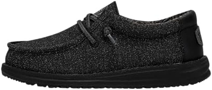 HEYDUDE Boy's Youth Wally Basic Slip On Shoe, Black Size 3 | Lightweight Textile Loafer with Elastic Laces and Removable Insole