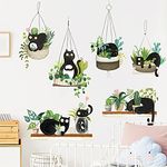 Green Potted Plant Cactus Wall Decal Cute Black Cat Stickers, AUHOKY Creative Tropical Bonsai Flower Cactus Wallpaper, Removable Animal Art Mural for Bedroom Kitchen Nursery Home Decoration