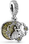 Beads R Us ® - Beauty and the Beast Dancing Dangle Charm in Sterling Silver S925 surrounded by roses set with yellow crystals, Compatible with all European style Charm Bracelets