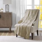 Madison Park Luxe Quilted Throw Blanket - Damask Stitching Design, Cotton Filled Spread, Ultra Soft, Cozy Bedding for Living Room Couch, Sofa, Bed, 60x72, Scalloped Borders Khaki