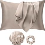 Seiwohl Silk Satin Pillowcase Soft as Silk Pillowcases for Hair and Skin Taupe Pillow Cases 2 Pack with Satin Scrunchies and Bonnet for sleeping, Cooling Pillow cases Envelope Closure, 50x75 cm