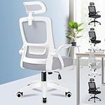 ELFORDSON Office Chair with Lumbar Support for Home Office, Computer Mesh Chairs with Headrest Flip-up Armrest Tilting Swivel Desk Chair, White and Grey