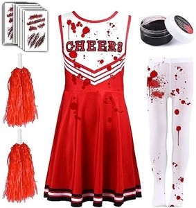 Kavoc Lot de 5 costumes de pom-pom girl zombie comprenant robe, collants, autocollants, faux sang en gel pour filles, déguisement d'Halloween (10 à 12 ans, rouge)