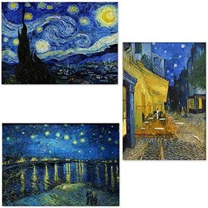 Poster Vincent Van Gogh “Cafe Terrace at Night ＆ Starry Night ＆ Starry Night Over The Rhone”16.53inch×23.38inch/42㎝×59.4㎝(A2)＜fine Art Paper Print＞Print on a Thick Sheet of Paper Painting Wall Art