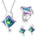 Uloveido Big Square Mystic Crystal Pendant Chain Necklace Stud Drop Earrings Solitaire Ring Fashion Jewellery Set, Perfect Gifts for Her Mother Teacher Gift (Multi, Size 9) T295