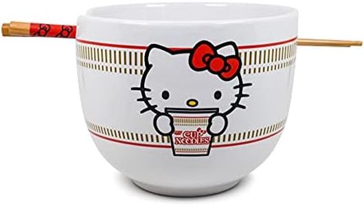 Hello Kitty Cup Noodles Japanese Ceramic Dinnerware Set | Includes 20-Ounce Ramen Bowl and Wooden Chopsticks | Asian Food Dish Set For Home Kitchen | Kawaii Anime Gifts, Official Sanrio Collectible