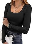 Ekouaer Womens Long Sleeve Shirts Square Neck Slim Fit Basic Tops Casual Ribbed Undershirts Thermal