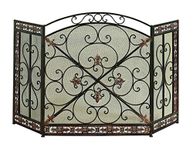 Traditional 3 Panel Metal Fire Screen with Filigree Design, Bronze, Black