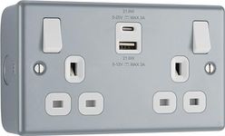 BG Electrical Double Switched Wall Plug Socket with Fast Charge Type A and C USB Charging Ports, Metal Clad, White Inserts, 13A, 22W, MC522UAC22