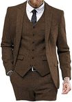 Mens Tweed Herringbone Wedding Suit Prom Tuxedos 3 Piece Peak Lapel Dress, Brown, 36