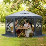 GAOMON 10x10ft Camping Gazebo, Portable Pop Up Canopy Outdoor Screen Tent 6 Sided with Mesh Windows and Carry Bag for Camping, Picnic, Backyard Party Outside Activities, Gray