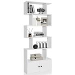 COSTWAY Wooden Bookcase, 5/6-Tier S-Shaped Storage Bookshelf with Cabinet, Freestanding Tall Display Shelf Open Rack Shelving Unit Divider for Living Room, Bedroom and Office (White)