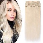 14 inches SEGO Clip in Hair Extensions Real Human Hair [#70 Bleach White] 8PCS Remy Hairpieces for Women Straight Full Head THIN TYPE (60g)