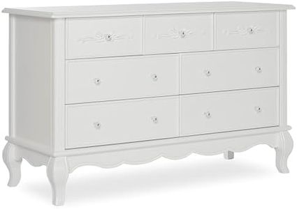 Evolur Aurora 7-Drawer Double Dresser, Assembled Baby Dresser with Crystal Knobs, Queen Anne Feet & Spacious Storage for Nursery Essentials in Frost White