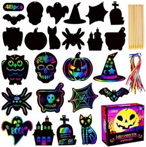 MGparty Scratch Paper Craft for Kids - 48 Pcs Halloween Magic Rainbow Scratch Paper Off Cards Set for Kids Crafts Arts Supplies Halloween Ornaments Party Games Halloween Birthday Gifts