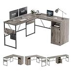 Bestier L Shaped Desk with Storage Cabinet 60 Inch Corner Computer Desk Modern Home Office Long Desk Reversible Design Study Workstation Table for 2 Person Grey Wash