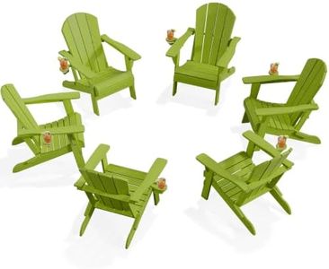 PLUUV Folding Adirondack Chair Set of 6, Hdpe All-Weather Patio Chairs with Cup Holder, Wooden Textured Fire Pit Chairs, Outdoor Chair for Poolside, Backyard, Deck（Light Green）