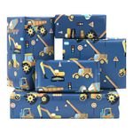 Excavator Tractor Dump Truck Bulldozer Mixers Dumper Vehicles Pattern Road Under Construction Blue Wrapping Paper For Kids Boys Little Builder Birthday Parties- Folded Flat 28 x 20 Inch - 6 Sheets