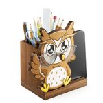 WishJazz 4 in-1 Pen Holder Desk Organizer, Animal Glasses Holder with Phone Stand, Wooden Makeup Brush Holder for Eyeliner, Pencil, Fountain Pen, Owl Decor, Cute Birthday Gifts for Women/Men