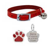 Leather Cat Collar, Safety Elastic Bell & Engraved Glitter Tag (Red)