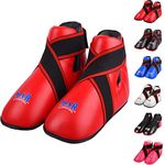 MAR | Red Martial Arts Foot Protector for Karate, Kickboxing, Muay Thai, Taekwondo, Karate K1 Kick Boots, Taekwondo Foot Protectors, Moulded Foam Padding Elasticated Toe Loops (Kids - Child Medium)