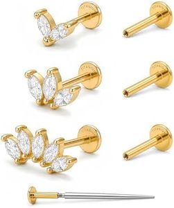 YACHY G23 Titanium Flat Back Earrings, 18G Labret Studs, 3-Piece, Gold