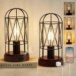 GyroVu Industrial Table Lamp Set of 2, Small Touch Control Edison Desk Lamp 3 Way Dimmable Vintage Bedside Lamp Metal Cage Steampunk Nightstand Lamp for Living Room,Bedroom or Den