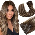 Hetto Ombre Clip in Hair Extensions Human Hair Balayage Clip in Extensions Real Human Hair Brown Clip in Human Hair Extensions Balayage Dark Brown to Caramel Blonde 12Inch 80g 7pcs