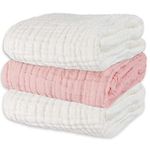 Asung Baby Towels Muslin Bath Towel 3Pack Infant Towels for Newborn Boy Girl 6 Layers Ultra Soft Cotton Toddler Towels for Baby's Delicate Skin 40x 40 Inch (White & Pink)