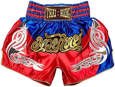 SIAMKICK Retro Muay Thai Shorts for Men Women Boxing Kickboxing High Grade MMA Fight Clothing Training Workout Trunks (L, Red/Blue)