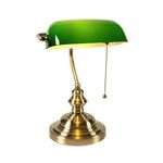 Newrays Glass Bankers Desk Lamp with Pull Chain Switch Plug in Fixture,Green Bronze Finish