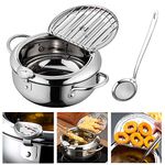 Hvanam Deep Fryer Pot With Oil Drop Tray And Oil Thermometer Japanese-Style Tempura Small Mini Fryers, For The Home Fry Chicken, Chips, Fish And Shrimp(304 Stainless Steel 2.2L With Food mesh spoon)