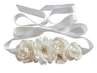 nania Handmade maternity sash belt with flowers and bow rhinestones decor, Ivory, One Size