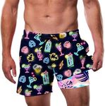 Cozople Rave Swim Trunks for Men 5.5" Inseam Swim Shorts with Compression Liner Colorful Neon Graphic Printed Board Shorts Beach Anti Chafe Bathing Suit S