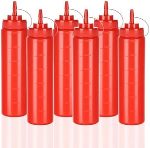 WELKOR 24 OZ Kitchen Foodservice Condiment Squeeze Bottles for Sauces,with Twist Top Cap,Leak Proof,Mustard, Syrup, Sauces, Dressing, Oil,Ketchup, BPA FREE Plastic (red, 6)