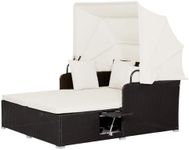 DORTALA Patio Wicker Daybed, Outdoor PE Rattan Sofa Set with Retractable Canopy, 2 Side Tables, Seat & Back Cushions, Sun Lounger for Garden, Backyard, Porch, Off White