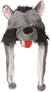 Cute Plush Animal Character Winter Hat Fun Ski Cap with Detailed Animal Face Long Ear Straps with Pom Pom Ends, Big Grey Wolf, One Size