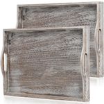 DEAYOU 2 Pack Rustic Wood Serving Tray, 17" Ottoman Wooden Tray for Coffee Table, Farmhouse Vintage Decorative Tray Platter with Cutout Handle for Eating, Breakfast, Rectangle, 17" L x 11" W