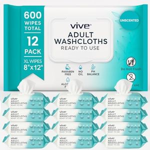 Vive Disposable Washcloths for Adults & Elderly (12 Pack - 600 Count - 8"x12") – Incontinence Wipes for Men & Women – Hypoallergenic No Rinse Adult Body Wipes for Sensitive Skin – Unscented
