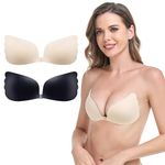 HEYIN 2 Pairs Sticky Bra Backless Adhesive Strapless Invisible Push Up Bra Nipple Covers Stick on Bras for Women. (CA/US, Cup Band, E, Black and Beige)