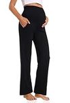 Foucome Women's Maternity Pants Casual Loose Wide Leg Cozy Pant Pregnancy Palazzo Lounge Trousers with Pockets (Black, M)