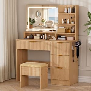 LIVELYGLOW 35.4" Wooden Makeup Vanity Table Set with Cushioned Stool, Fluted Dressing Desk with Smart LED Mirror, Charging Station & Hairdryer Rack, 4 Drawers for Bedroom