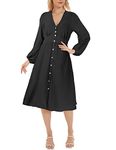 ROYLAMP Women's Black Dresses Long Sleeve V Neck Button Up Flowy Casual Fall Midi Dress with Pockets S