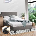 Oikiture 28cm Height Single Size Bed Frame with Bed Head and Solid Wood Slats Mattress Platform Single Bed Base Grey