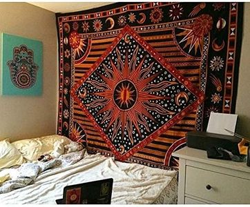 Popular Handicrafts Wall Hanging Tapestry For Bedroom Hippie Burning Sun and Moon Meditation Bohemian Hippy Psychedelic Design Indian Tapestries Bedspread 30 x 40 Inches (76 x 101 cms), Blue