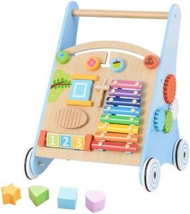 INFANS Wooden Baby Walker, Montessori Walker with Multiple Activity Toys, Storage, Push Walker Toys for Infant Learning to Walk, Sit to Stand for Boys Girls Aged 1+ Years (Blue)