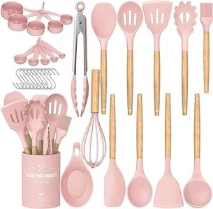 Umite Chef 33 pc Non-stick Silicone Cooking Utensils Set, Pink, Silicone Kitchen Gadgets with Holder, Wooden Handle