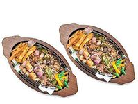 Bridge2shopping Wooden Base, Cast Iron , Oval Shape Sizzler Plate - Brown (Pack-2)